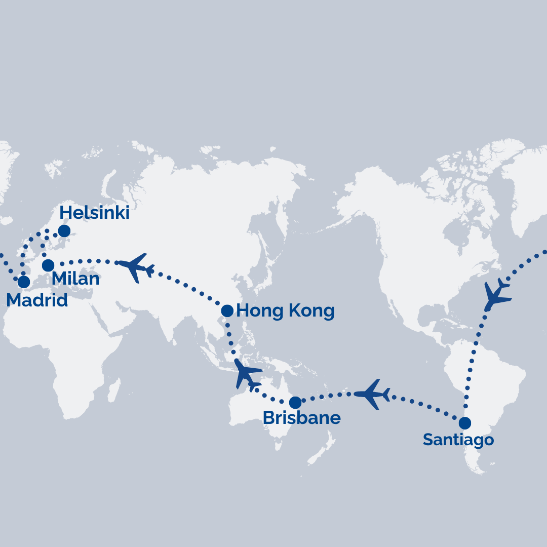 World map showing a dotted flight route linking Madrid, Milan, Helsinki, Hong Kong, Brisbane and Santiago with airplane icons along the path.