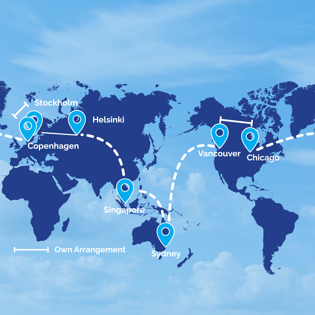 World map showing a travel route with blue destination markers at Copenhagen, Stockholm, Helsinki, Singapore, Sydney, Vancouver, and Chicago connected by white dashed lines and labeled city names on a blue background image of the globe. Infographic of an international travel itinerary: markers for Copenhagen, Stockholm, Helsinki, Singapore, Sydney, Vancouver, and Chicago linked by a curved dashed route.