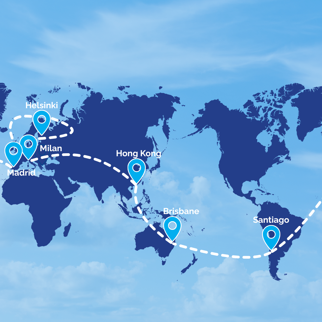 World map with blue travel pins at Madrid, Milan, Helsinki, Hong Kong, Brisbane, and Santiago connected by a white dashed line.