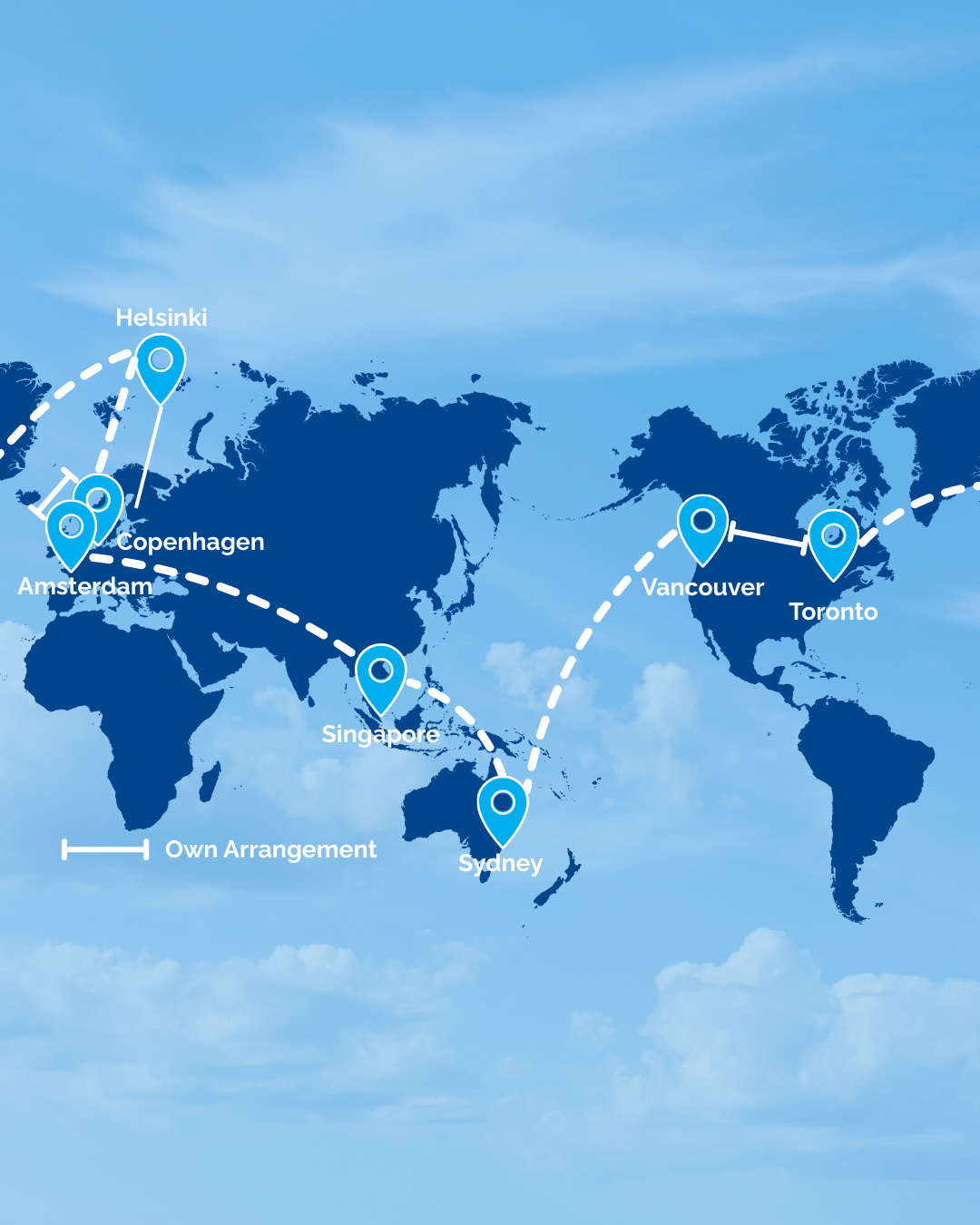 Sydney → Vancouver // Toronto → Helsinki → Copenhagen// Amsterdam → Helsinki [Transit] → Singapore → Kuala Lumpur [Transit] → Sydney RTW Map