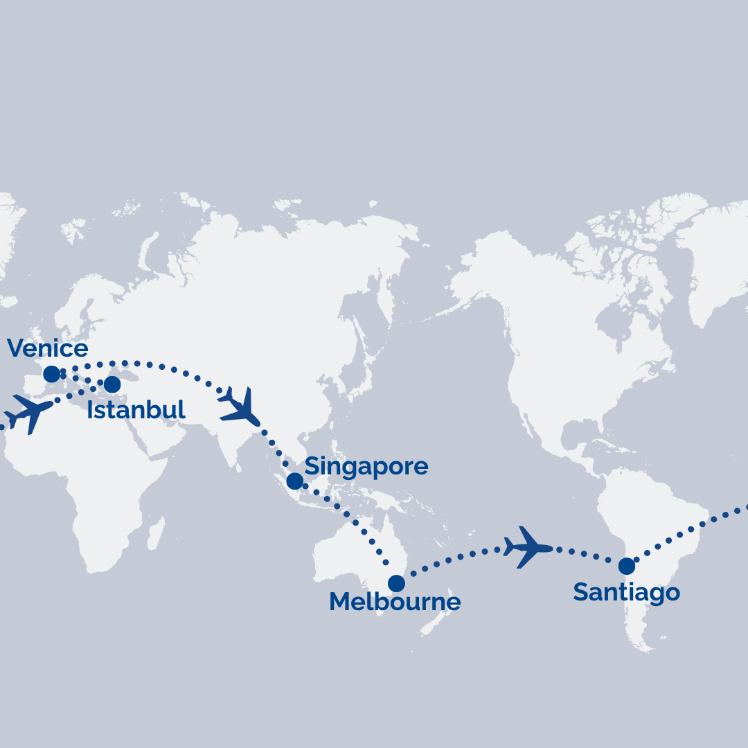 Global map showing a dotted flight route from Venice to Istanbul, Singapore, Melbourne, and Santiago with airplane icons at segments.