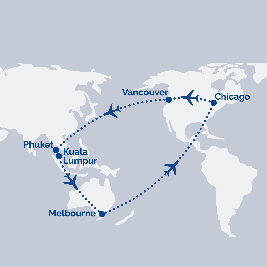 Melbourne → Dallas [Transit] → Chicago → Vancouver → Hong Kong [Transit] → Phuket → Kuala Lumpur→ Melbourne