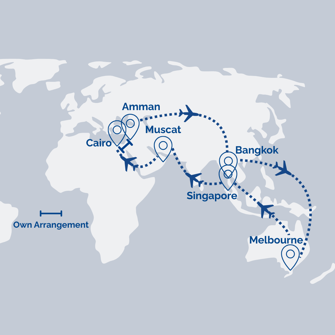 Multi-Stop Airfare: Melbourne → Singapore → Muscat → Cairo // Amman → Muscat [Transit] → Bangkok → Melbourne