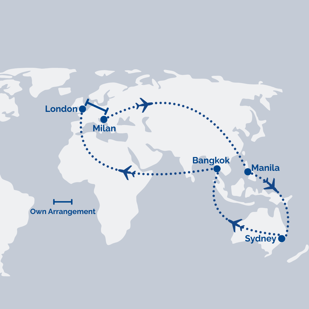 Sydney → Bangkok → Muscat [Transit] → London // Milan → Muscat [Transit] → Manila → Sydney