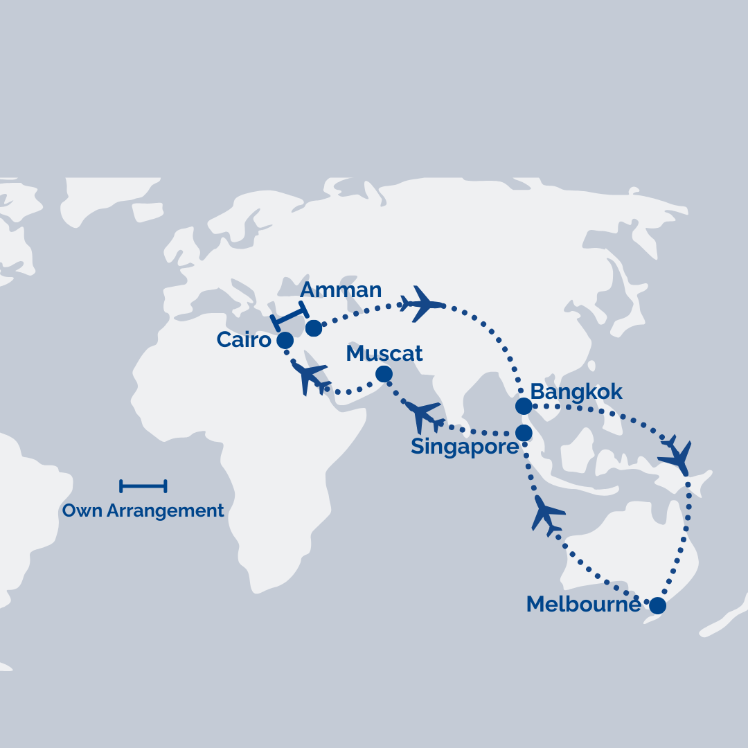 Melbourne → Singapore → Muscat → Cairo // Amman → Muscat [Transit] → Bangkok → Melbourne
