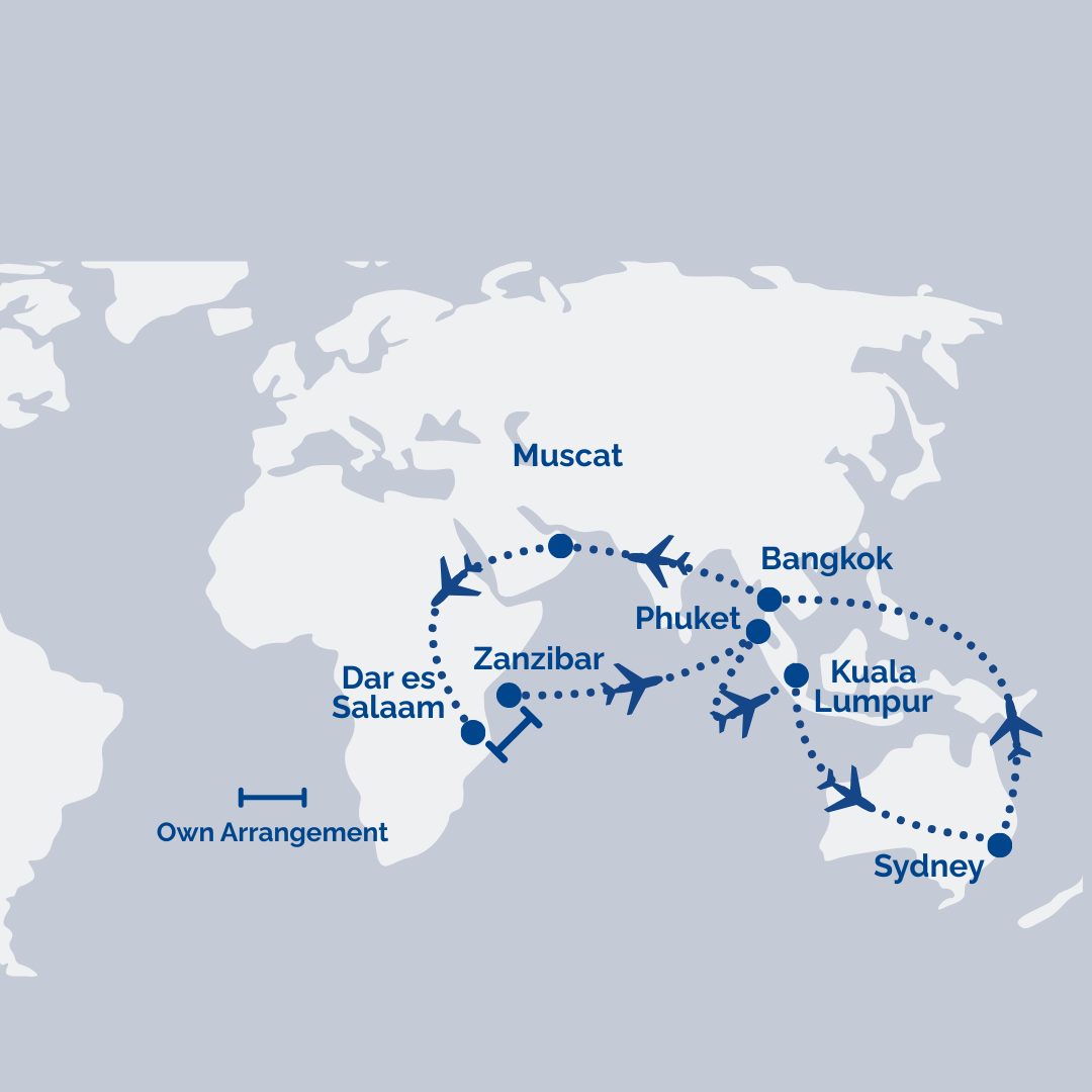 Sydney → Bangkok → Muscat → Dar es Salaam // Zanzibar → Muscat [Transit] → Phuket → Kuala Lumpur → Sydney