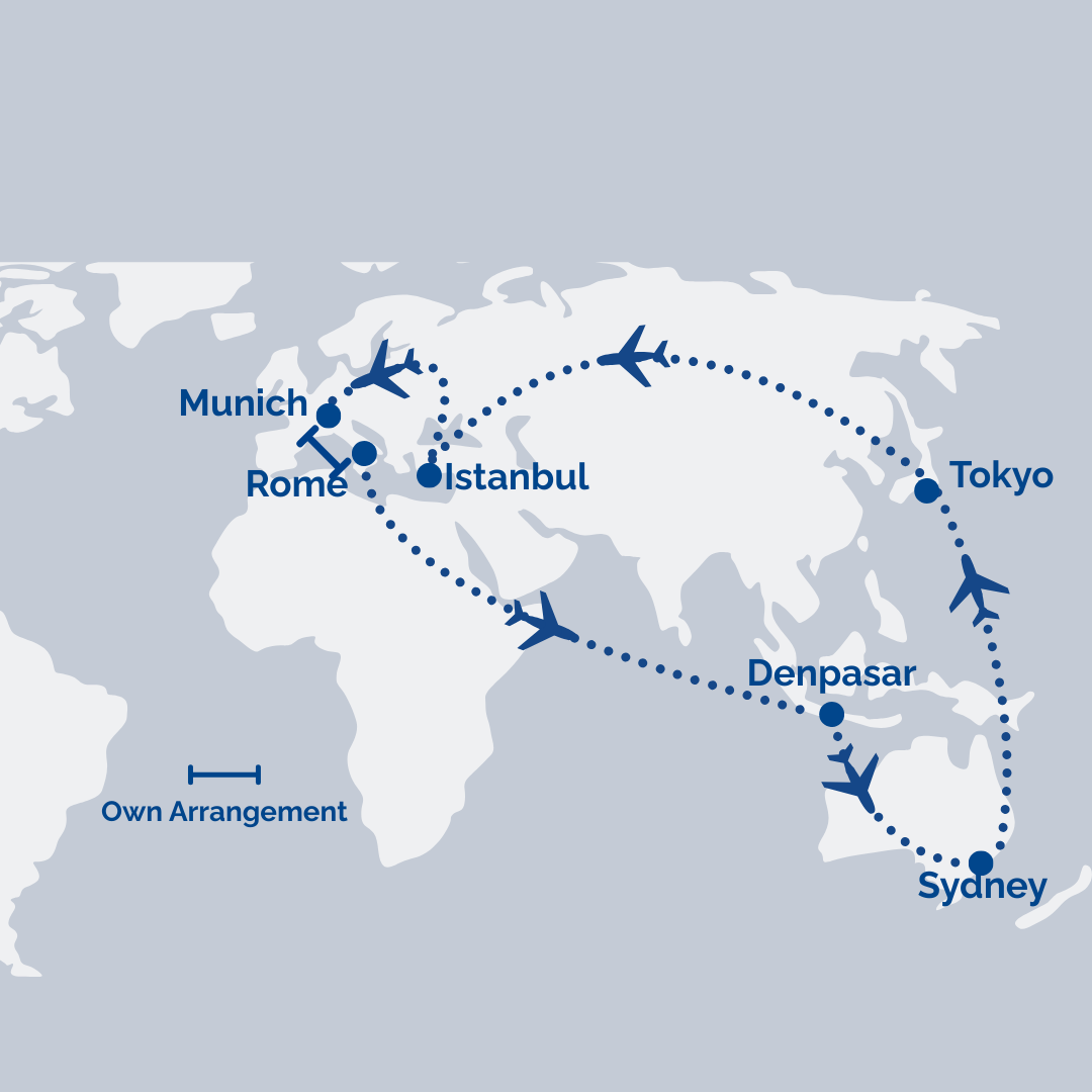Sydney → Tokyo→ Istanbul → Munich // Rome → Istanbul [Transit] → Denpasar → Sydney