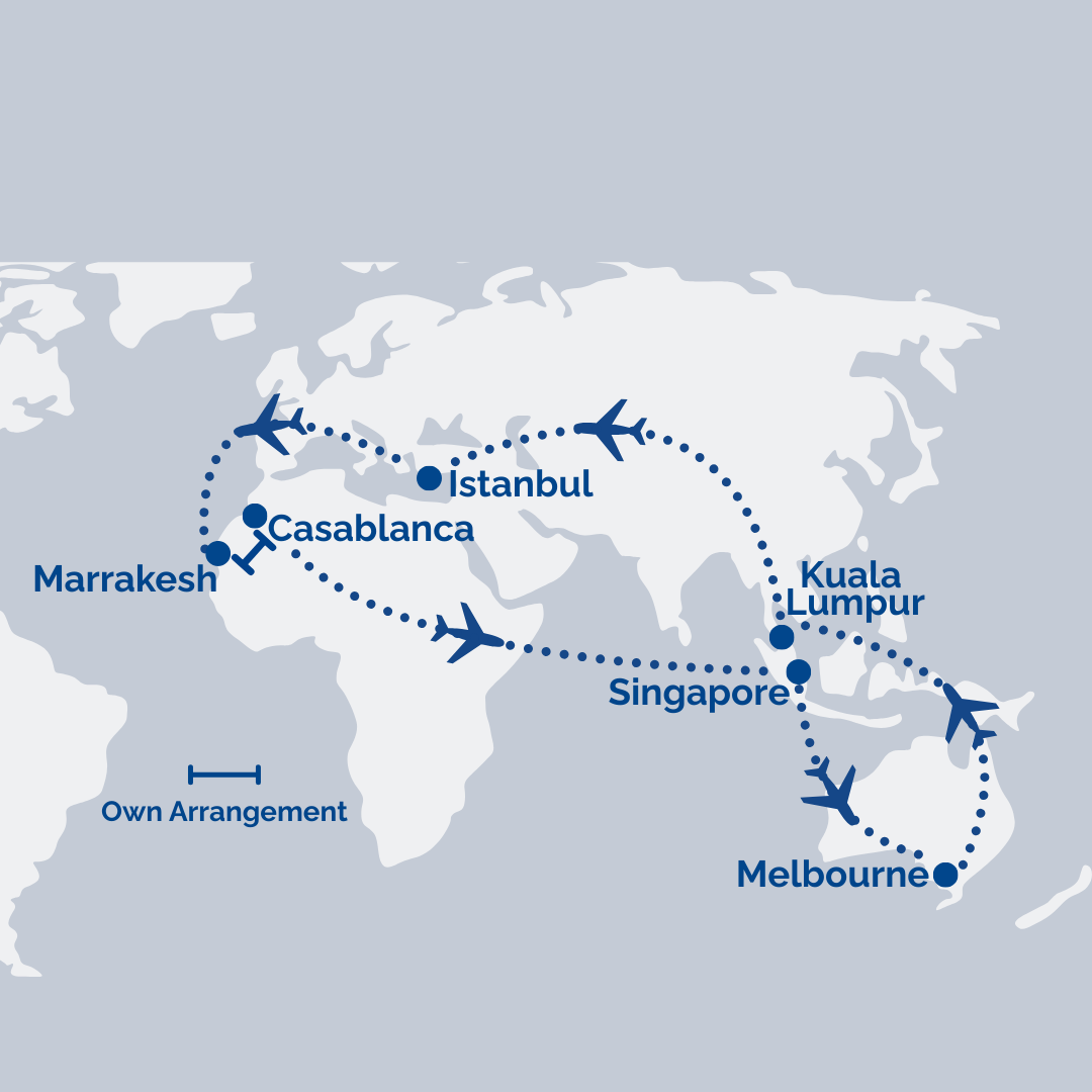 Melbourne → Kuala Lumpur → Istanbul → Marrakech // Cassablanca → Istanbul [Transit] → Singapore → Melbourne