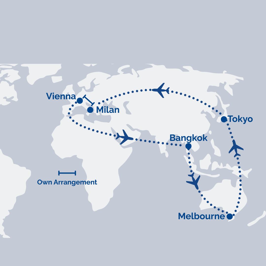 Melbourne → Tokyo → Zurich [Transit] → Milan // Vienna → Bangkok → Melbourne