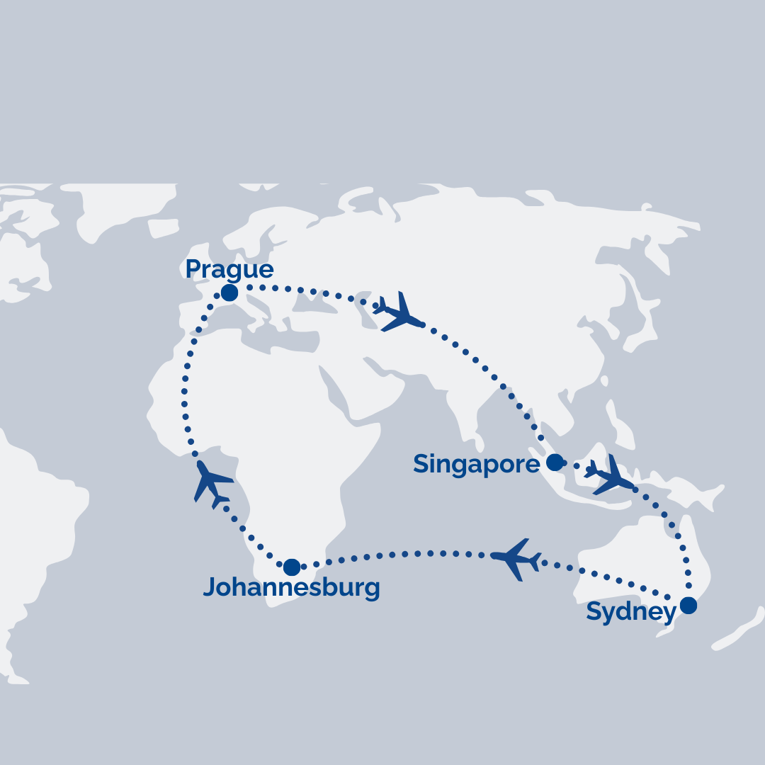 Sydney → Johannesburg → Munich [Transit] → Prague → Frankfurt [Transit] → Singapore → Sydney