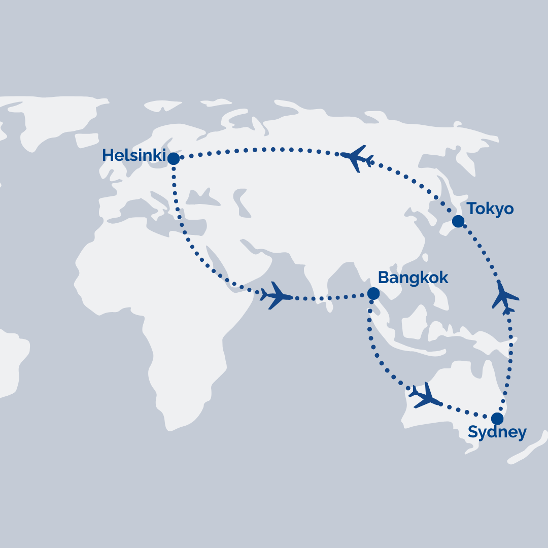 Multi-Stop Airfare: Sydney → Tokyo → Helsinki → Bangkok → Kuala Lumpur [Transit] → Sydney 