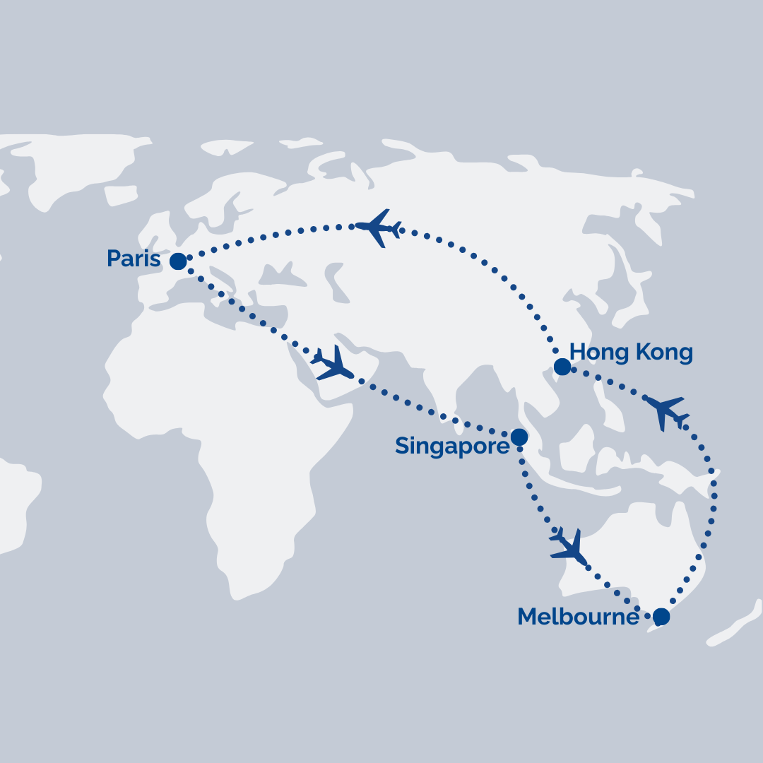 Melbourne → Hong Kong → Helsinki [Transit] → Paris → Helsinki [Transit] → Singapore → Kuala Lumpur [Transit] → Melbourne