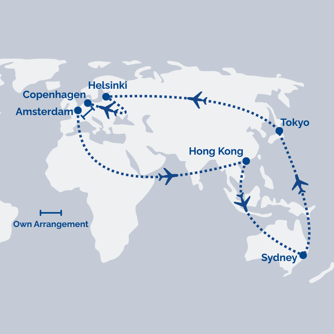 Multi-Stop Airfare: Sydney → Tokyo → Helsinki → Copenhagen// Amsterdam → Helsinki [Transit] → Hong Kong → Sydney