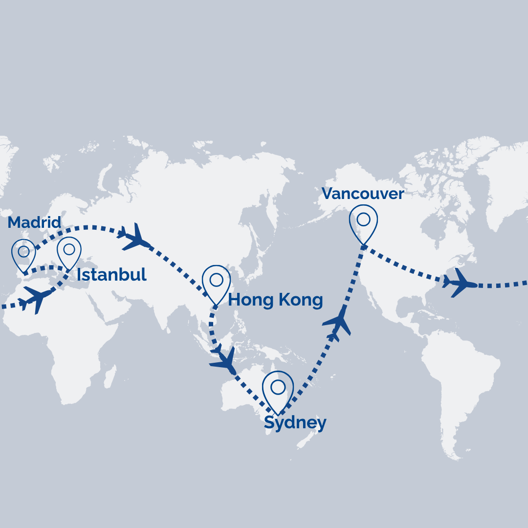 World map with a dotted airline route connecting Madrid, Istanbul, Hong Kong, Sydney and Vancouver, with airplanes along the path and pins at each city.
