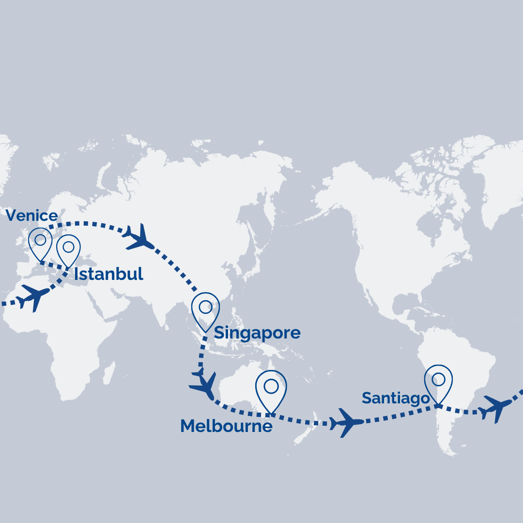 World map showing a travel route with airplanes connecting Venice, Istanbul, Singapore, Melbourne, and Santiago across continents.