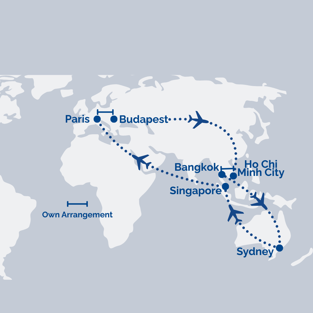 RAT Multi-Stop Airfare: Sydney → Singapore → Paris // Budapest → Dubai [Transit] → Ho Chi Minh City // Bangkok → Sydney
