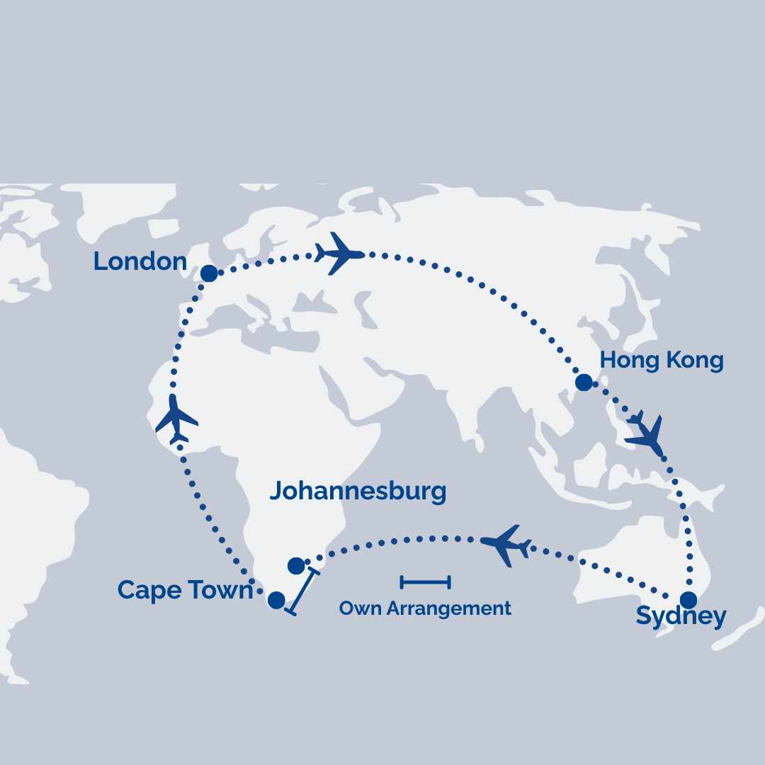 RAT Multi-Stop Fare: Sydney → Johannesburg // Cape Town → London → Dubai [Transit] → Hong Kong → Sydney