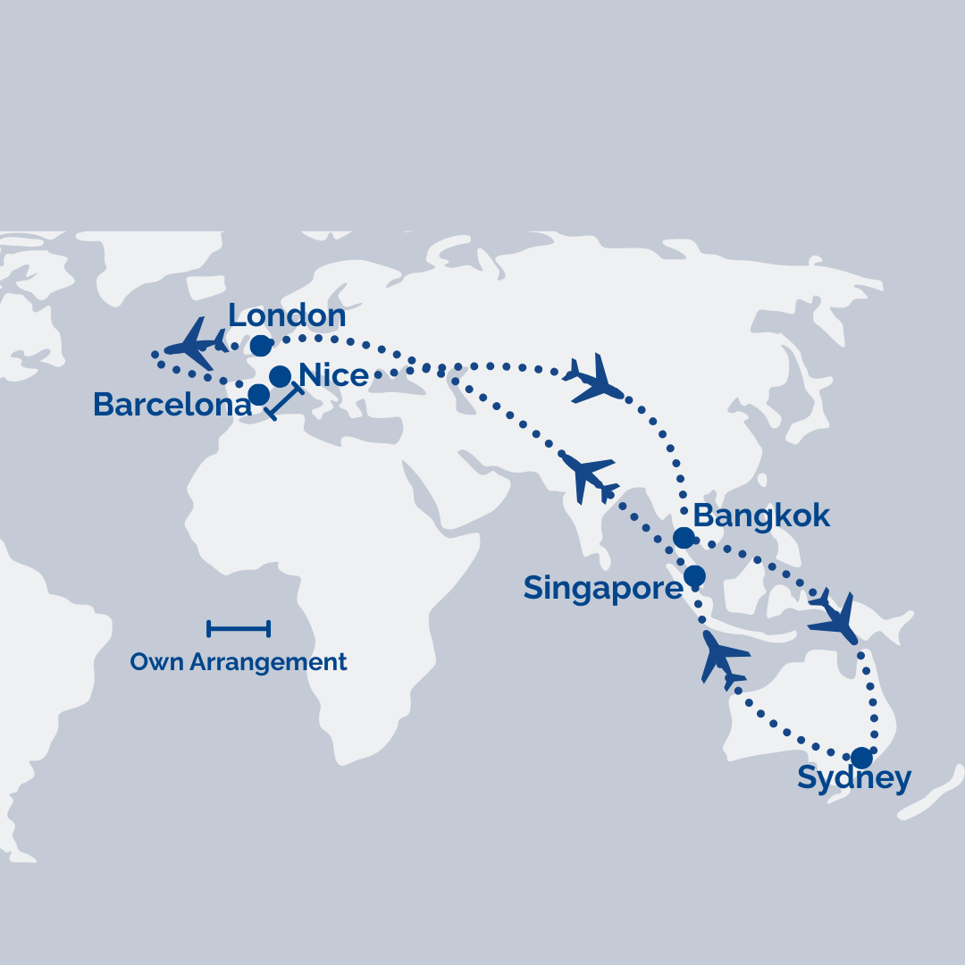 RAT Multi-Stop Fare: Sydney → Singapore → London → Barcelona // Nice → Dubai [Transit] → Bangkok → Sydney