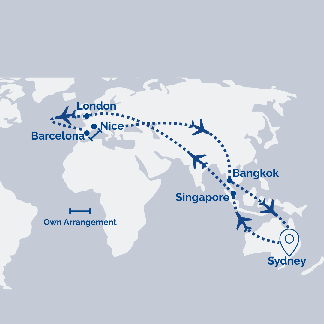 RAT Multi-Stop Fare: Sydney → Singapore → London → Barcelona // Nice → Dubai [Transit] → Bangkok → Sydney