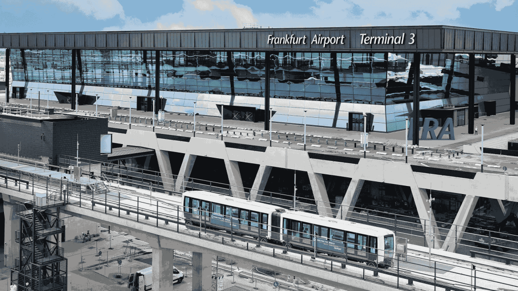 Exterior view of Frankfurt Airport Terminal 3 with a glass-fronted facade and blue-gray architectural lines in the foreground, including a tram on tracks nearby.