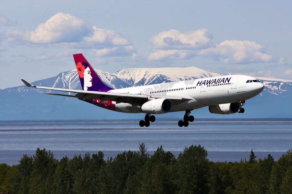 Hawaiian Airlines jet flying low over water with snow-capped mountains in the background and trees in the foreground.