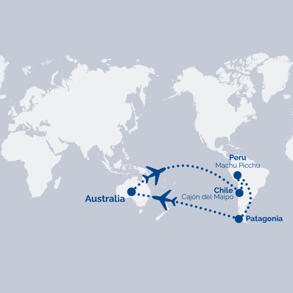 Adventure travel World map with blue dotted flight routes from Australia to Patagonia, passing by Cajón del Maipo and Machu Picchu marker points in Peru and Chile.