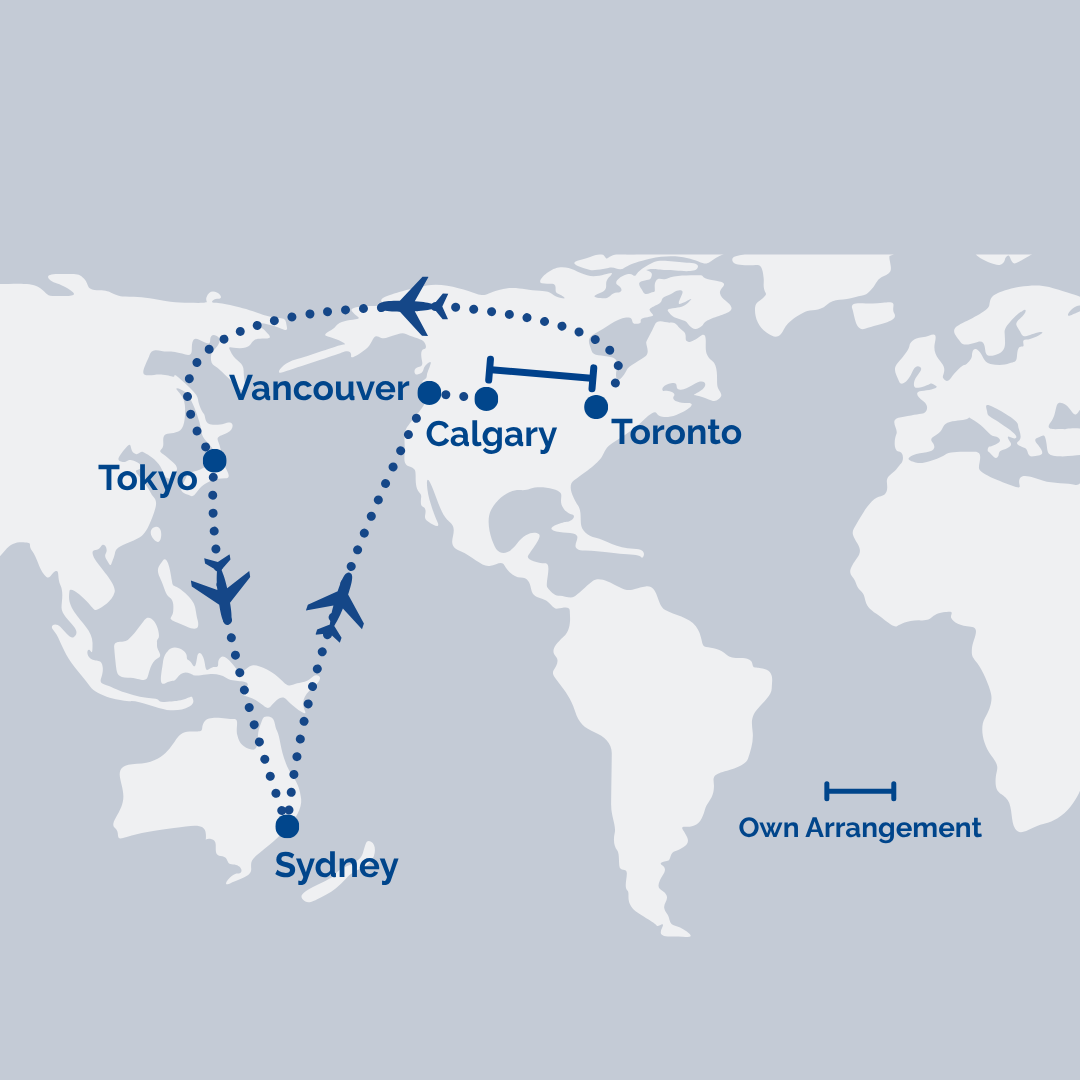Travel route map showing Sydney to Tokyo and a North American loop through Vancouver, Calgary, and Toronto with plane icons and dotted flight paths (Own Arrangement legend).