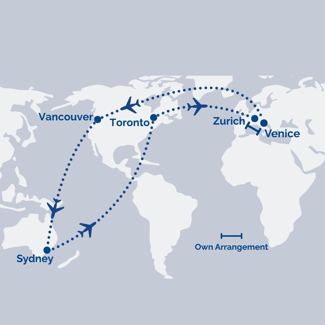 World map showing a travel itinerary with stops in Sydney, Vancouver, Toronto, Zurich, and Venice, connected by dotted flight paths and airplane icons, legend says 'Own Arrangement'.