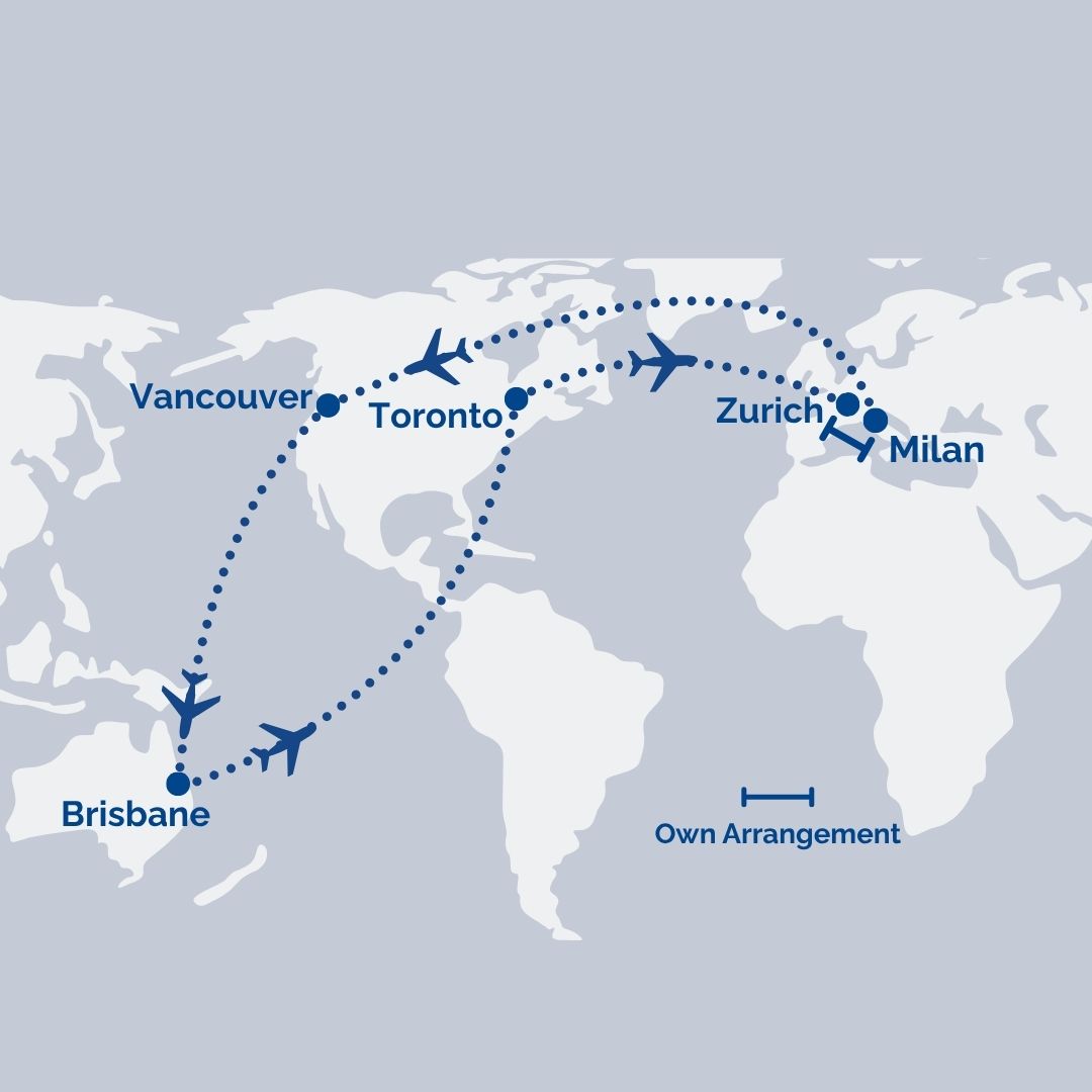 World map with a dotted flight route from Brisbane to Vancouver, Toronto, Zurich, and Milan, marked by plane icons and city labels, legend 'Own Arrangement'