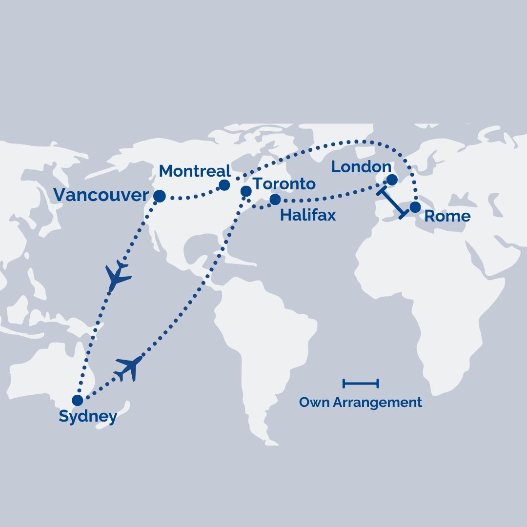 World map with a dotted flight path from Sydney to Vancouver, passing Montreal, Toronto, Halifax, London, and Rome.