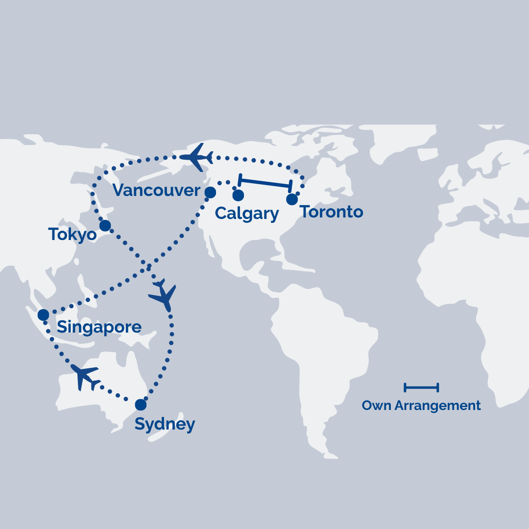 Self-arranged travel route on a world map, with airplanes and dotted lines linking Sydney, Singapore, Tokyo, Vancouver, Calgary, and Toronto