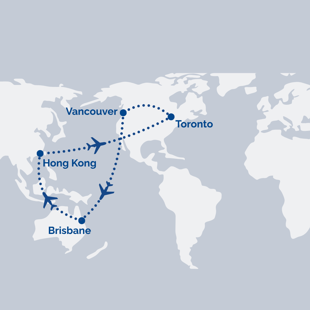 World map showing a travel route: Brisbane → Hong Kong → Vancouver → Toronto with dotted blue lines and airplanes.