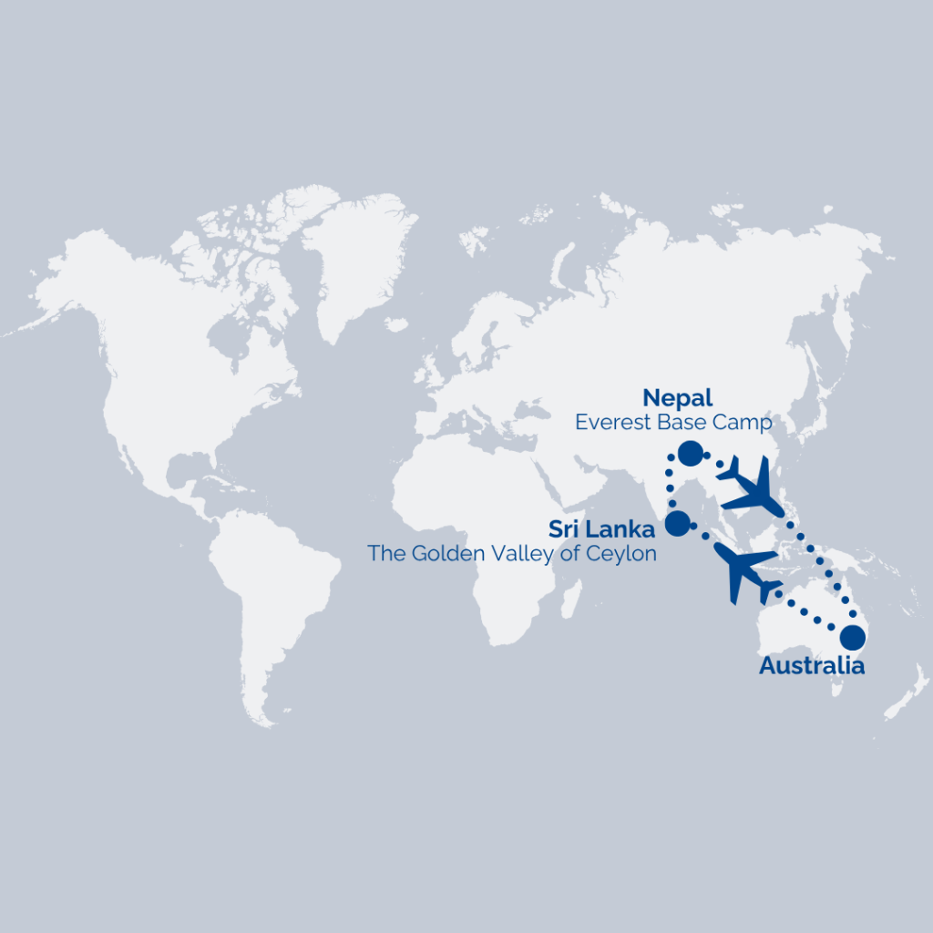 World map showing a travel route from Australia to Sri Lanka to Nepal, with labeled destinations: Australia, The Golden Valley of Ceylon, and Everest Base Camp in Nepal.