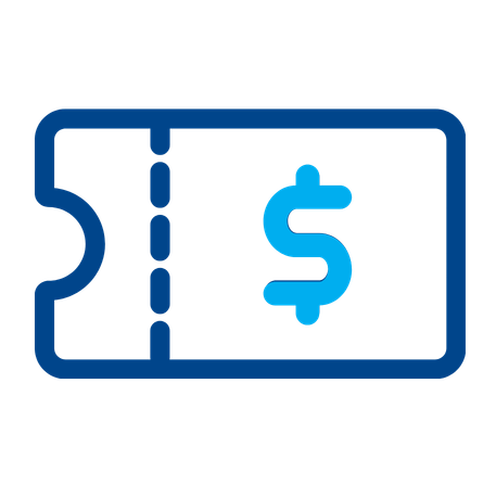 Blue outline ticket icon with a dollar sign on the right, indicating price or payment
